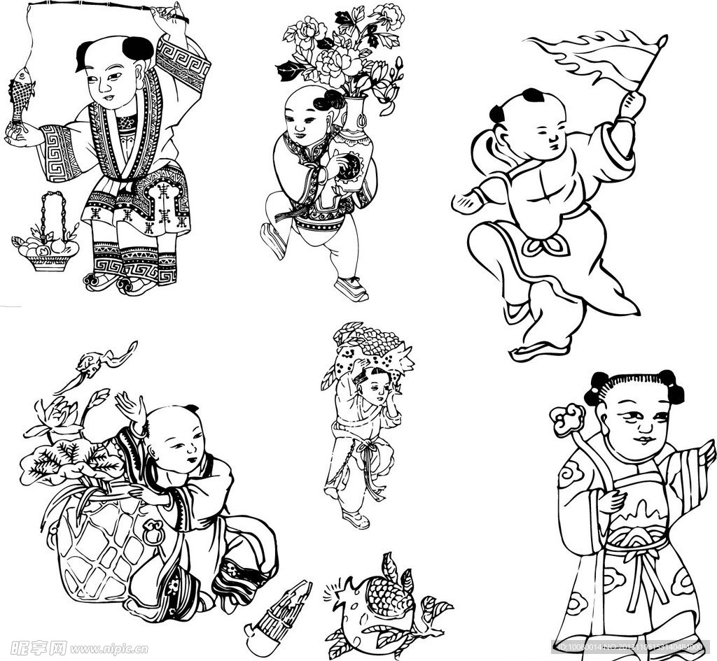 古代童子白描图