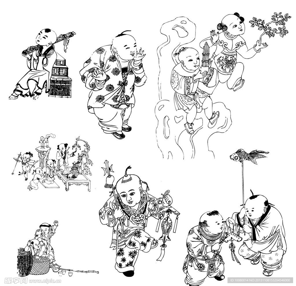 古代童子白描图
