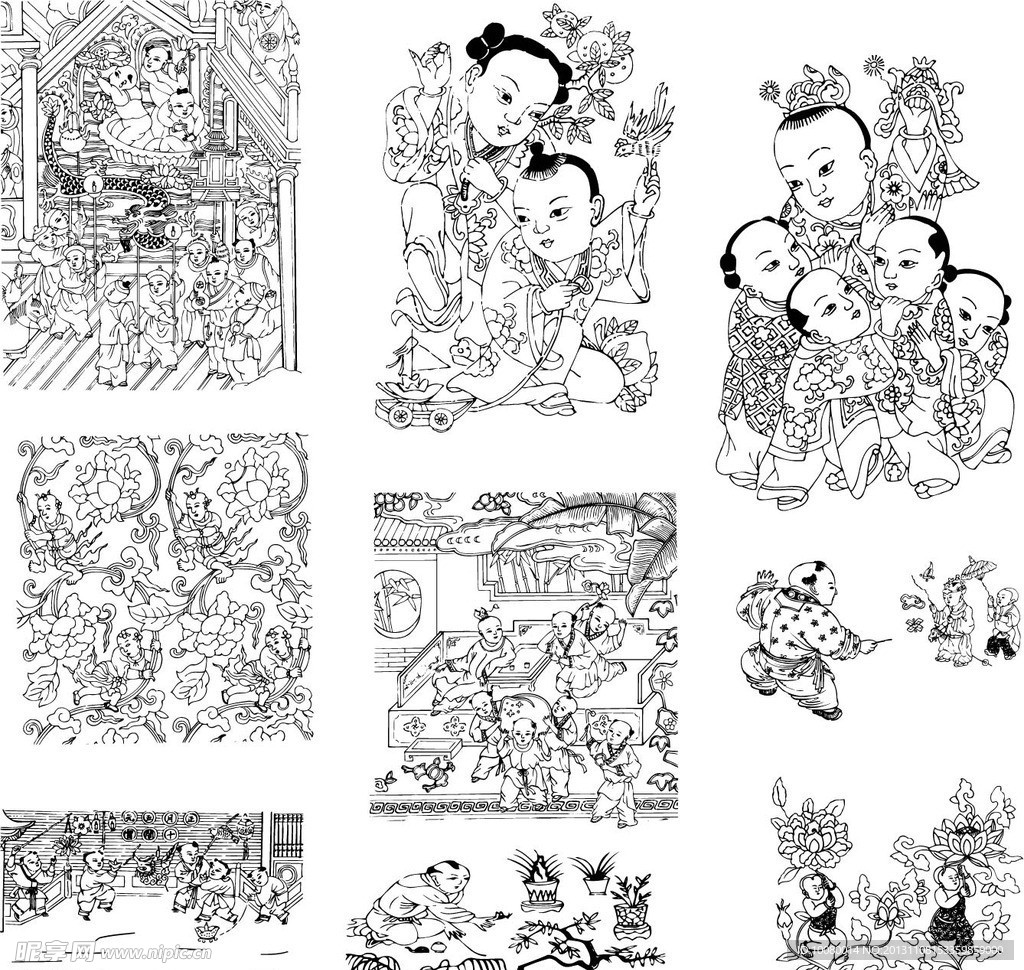 古代童子白描图