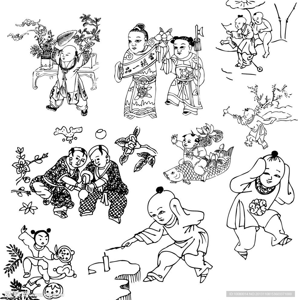 古代童子白描图