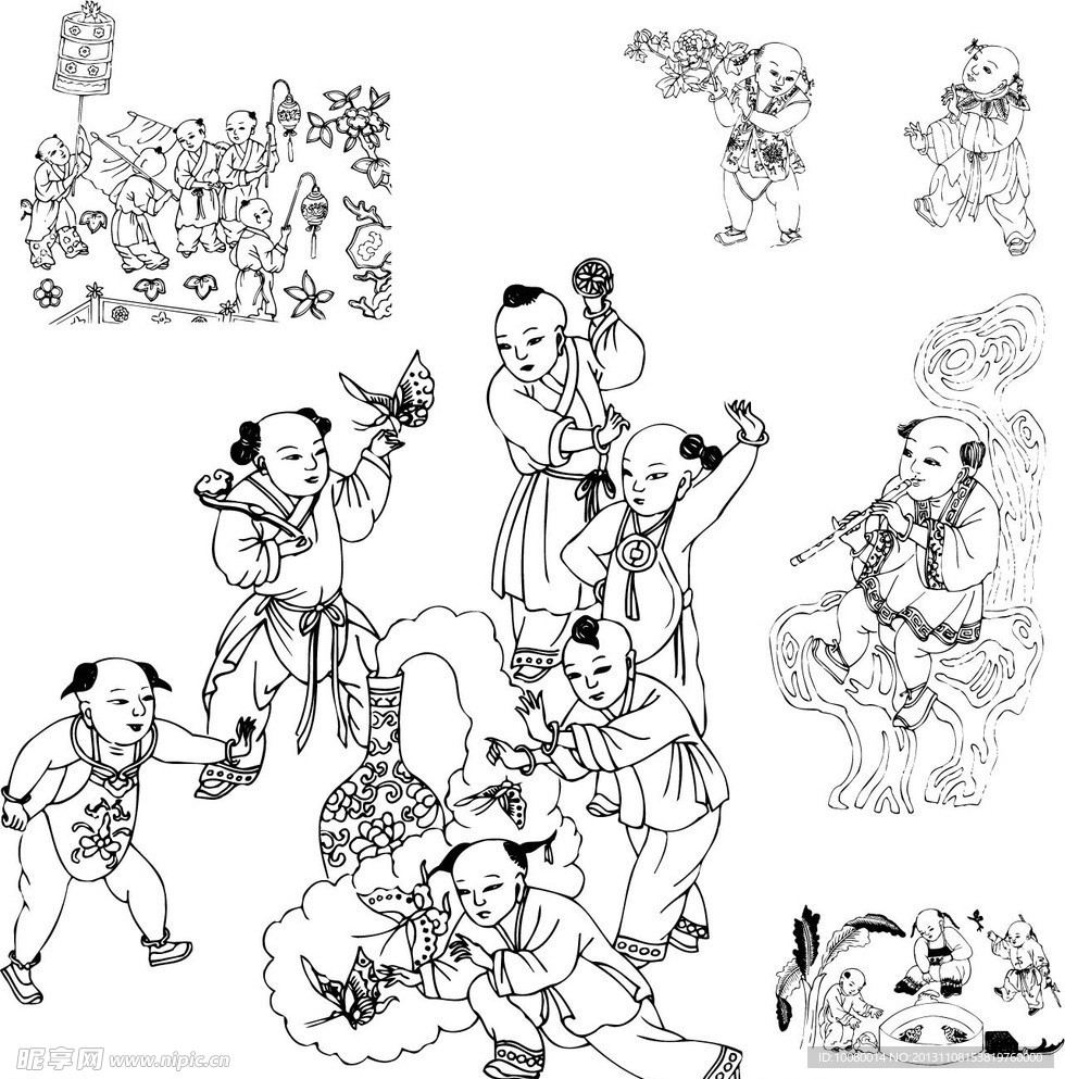 古代童子白描图
