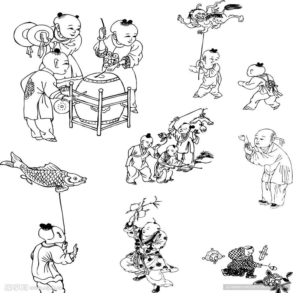 古代童子白描图