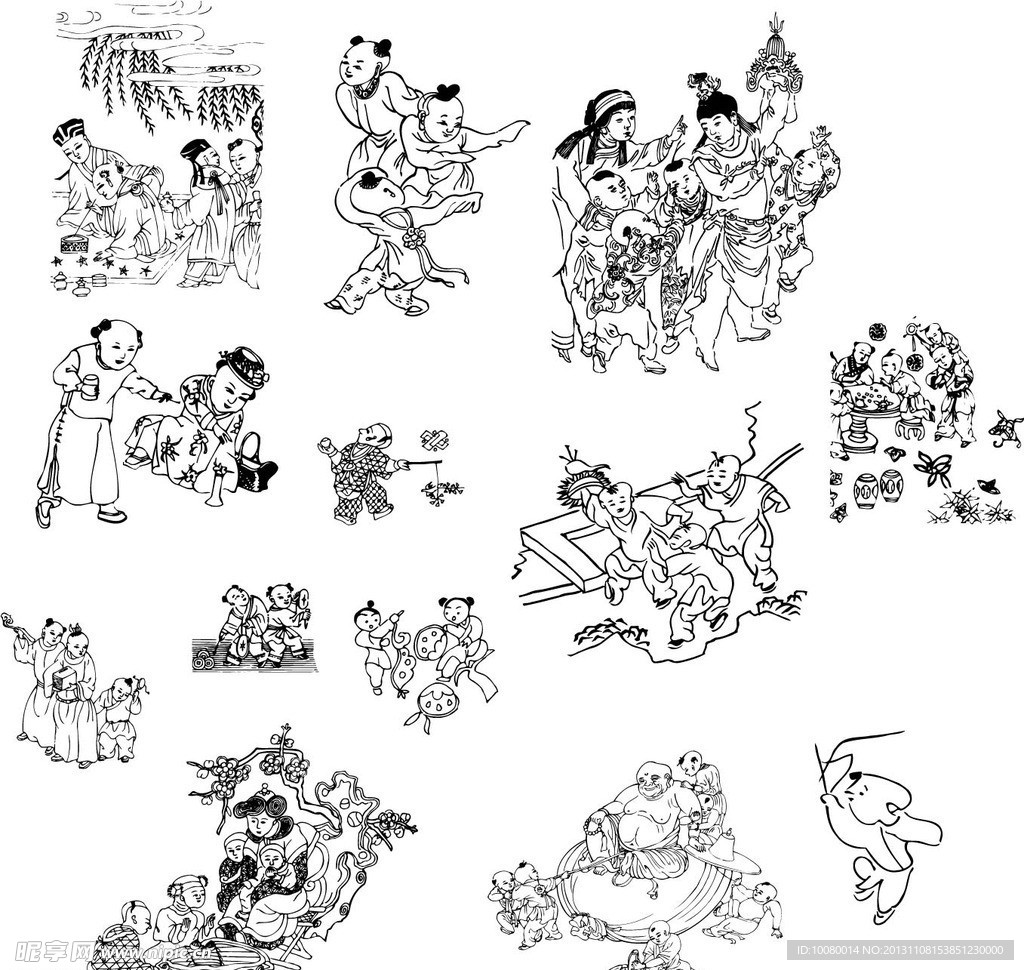 古代童子白描图