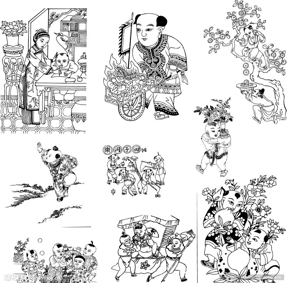 古代童子白描图