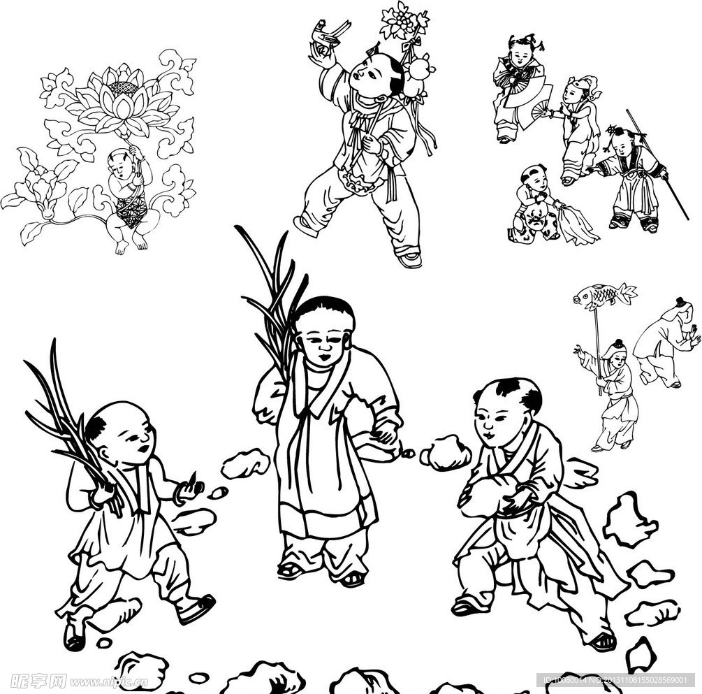 古代童子白描图