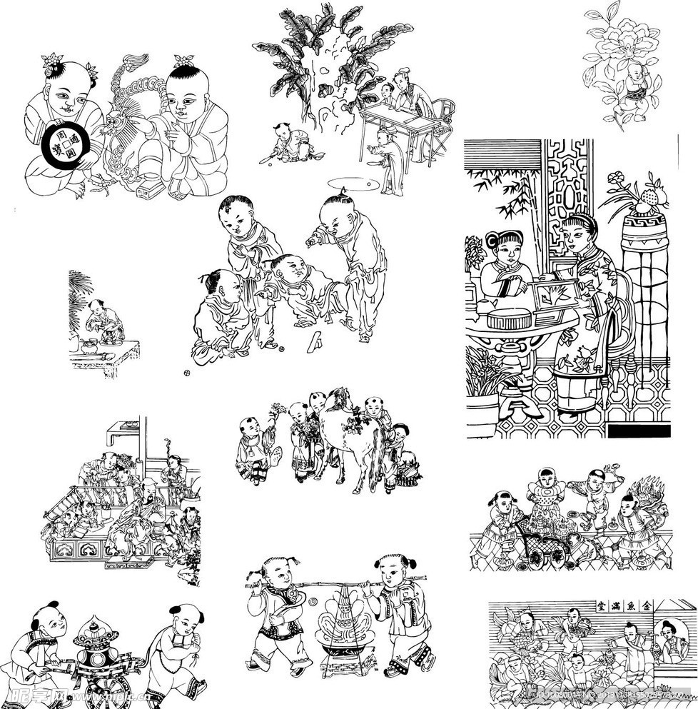 古代童子白描图