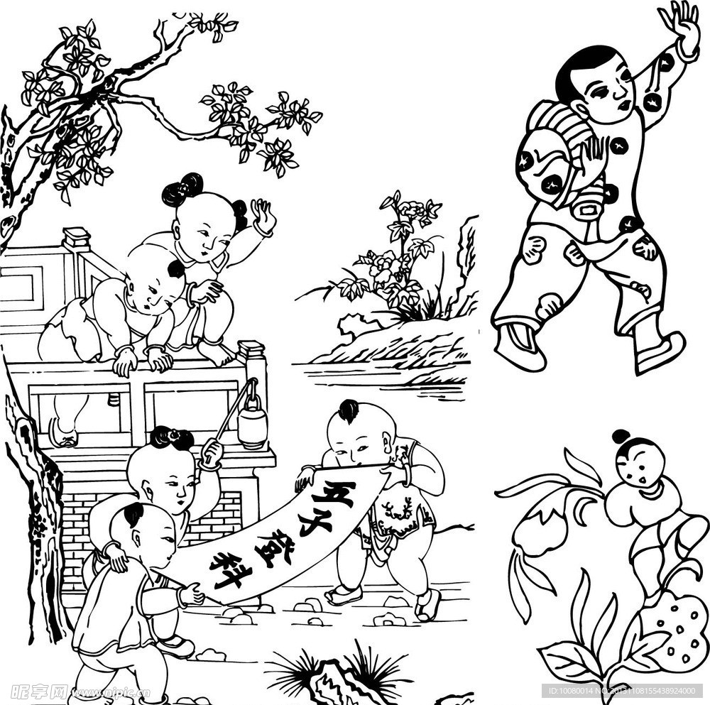 古代童子白描图