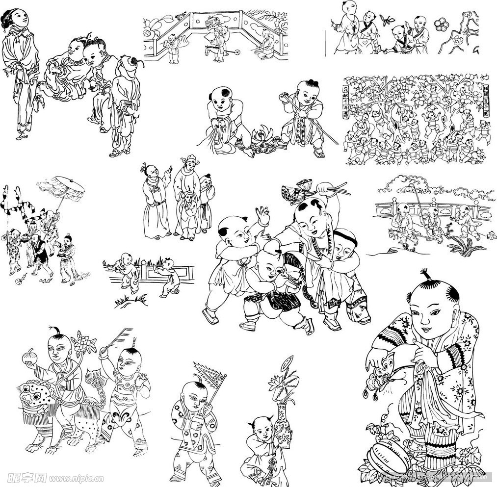 古代童子白描图