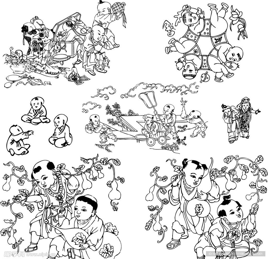 古代童子白描图