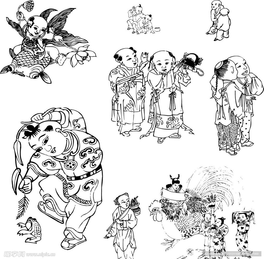 古代童子白描图