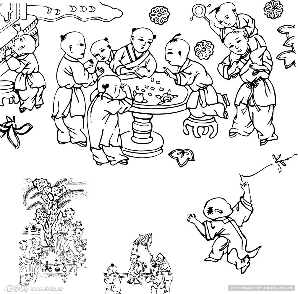 古代童子白描图