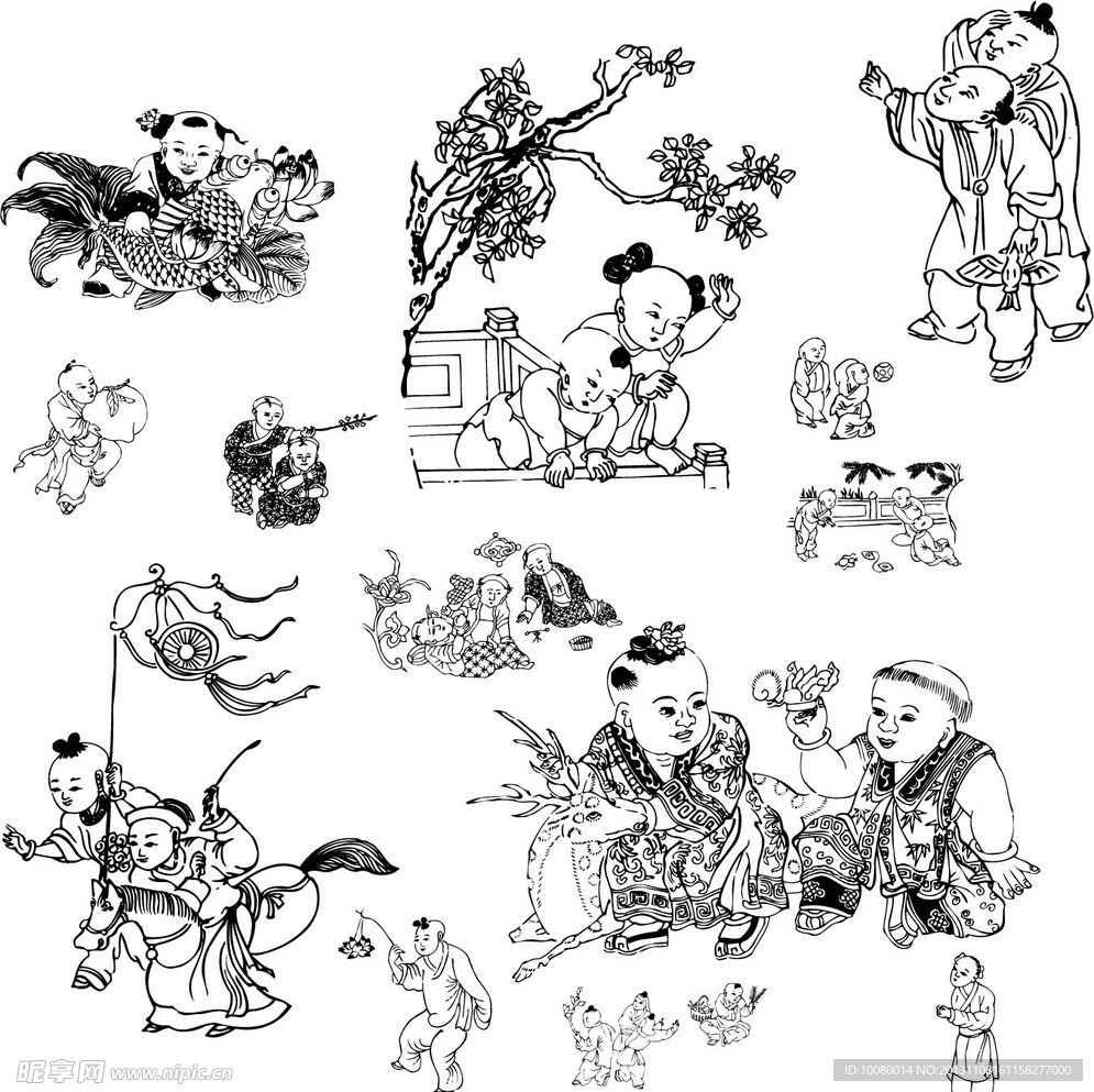 古代童子白描图