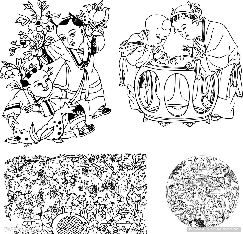 古代童子白描图