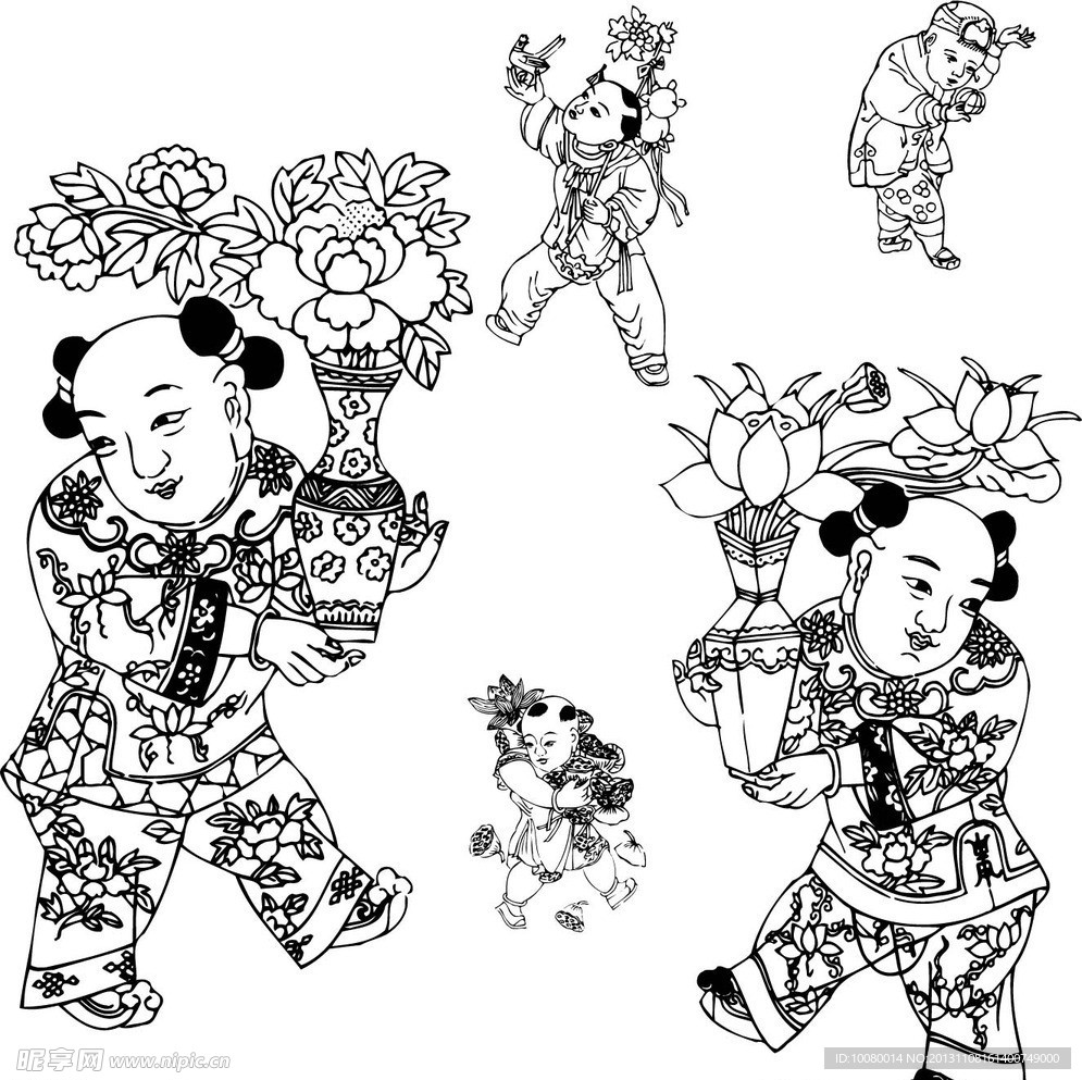 古代童子白描图