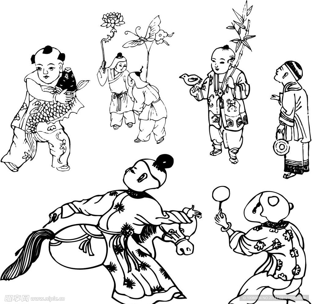 古代童子白描图