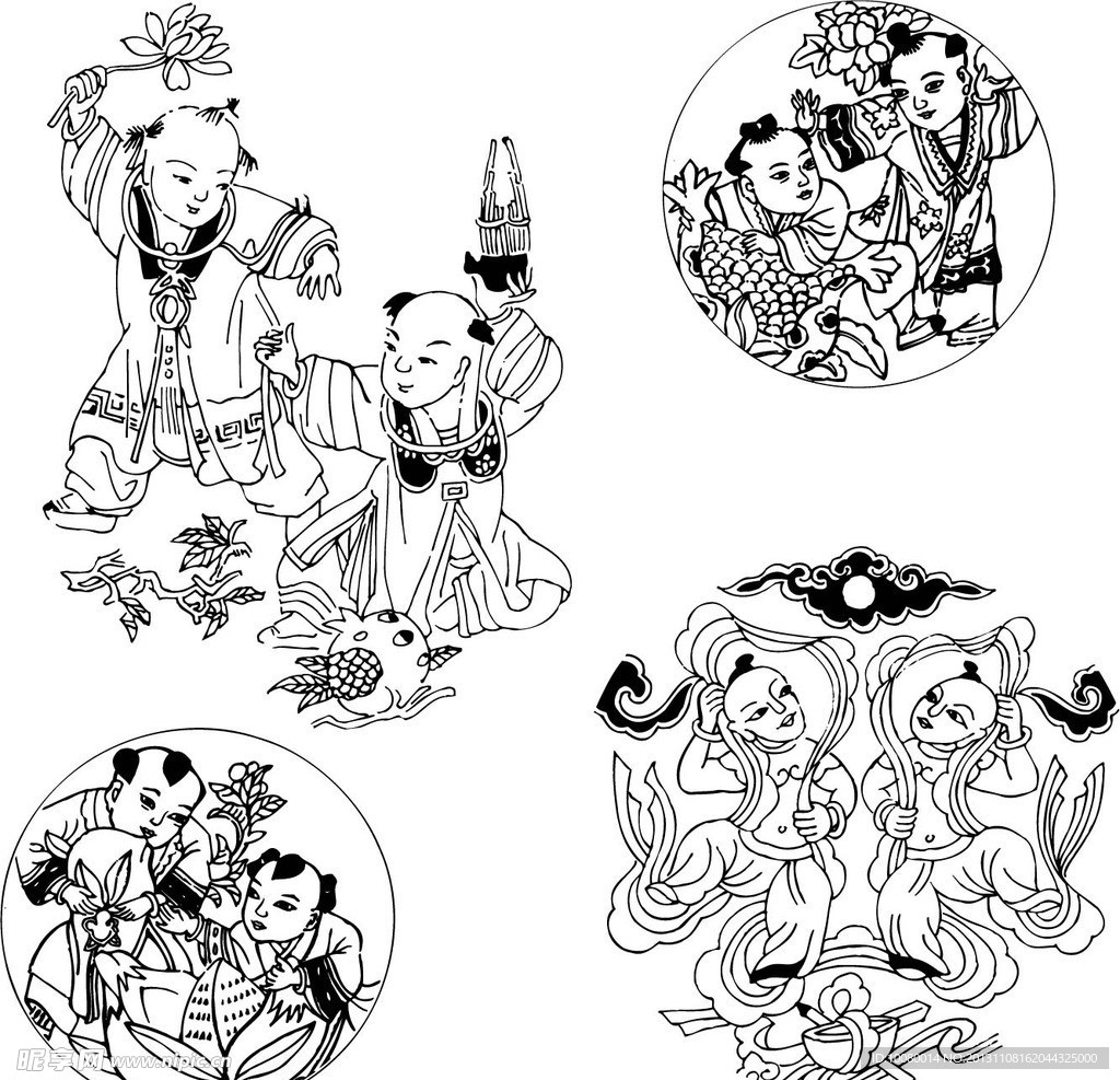 古代童子白描图