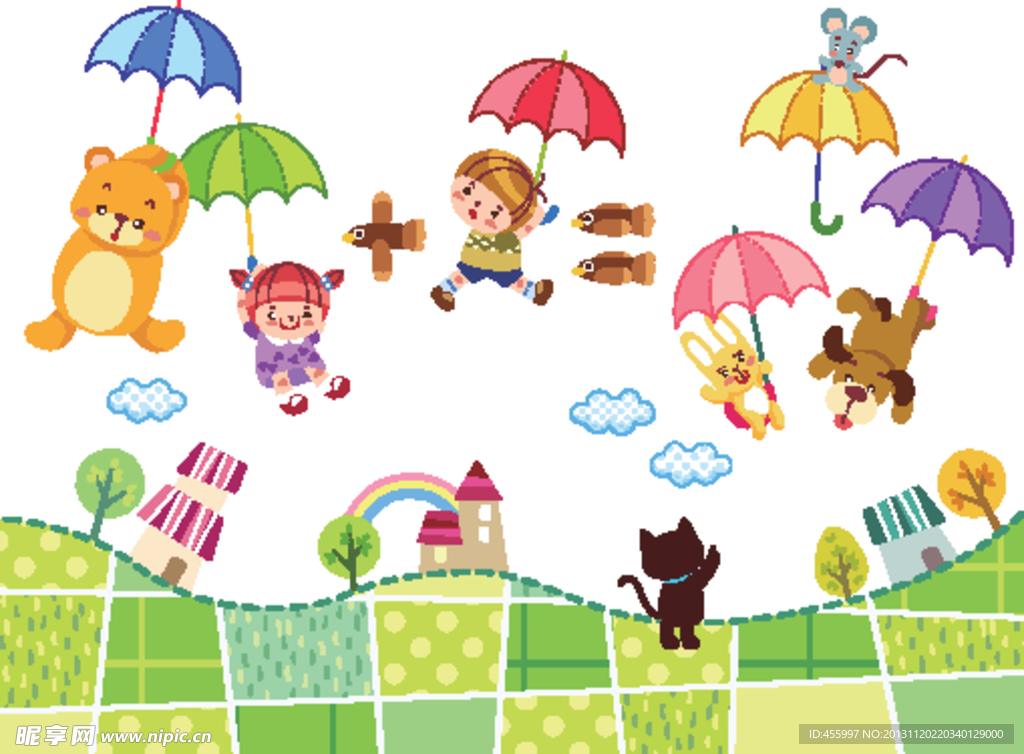 撑雨伞飞翔的儿童