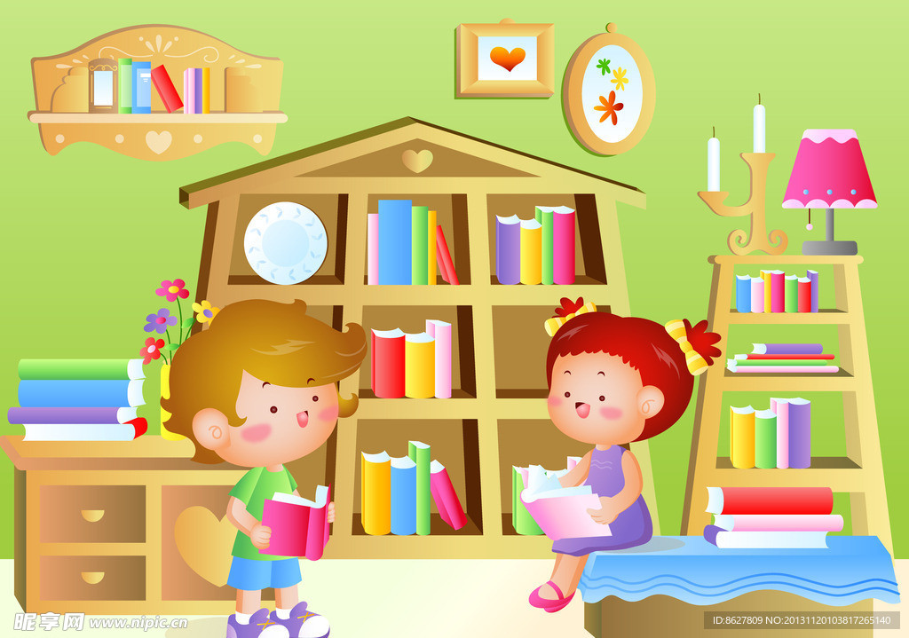 卡通小孩在家里看书