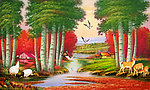 油画风景白桦树