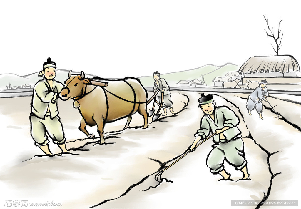水墨绘画劳动农忙耕田