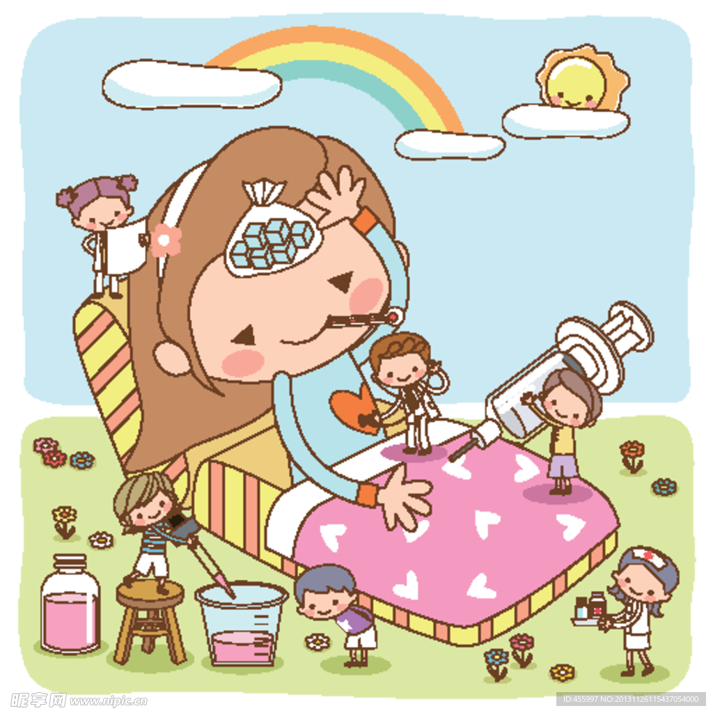 医生照顾感冒的小女孩
