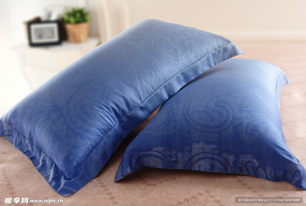 蓝色提花印花枕头