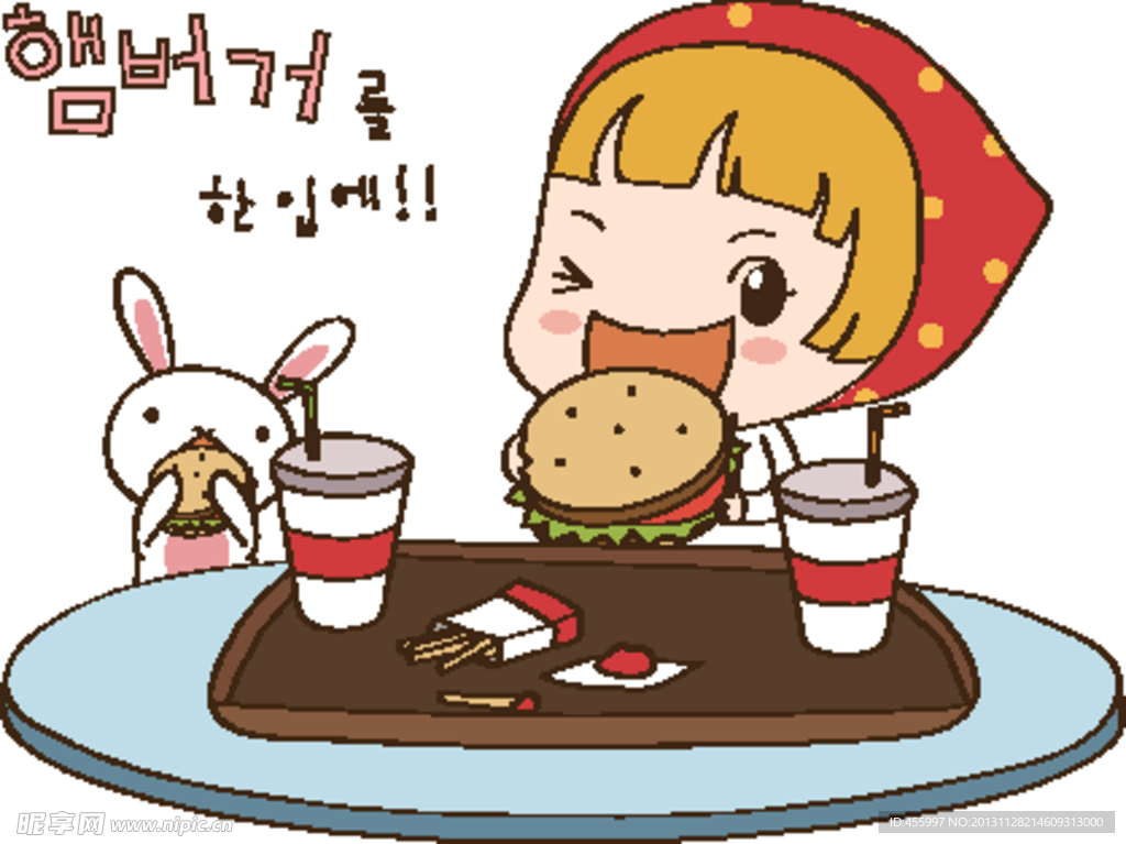 女孩和兔子一起吃快餐