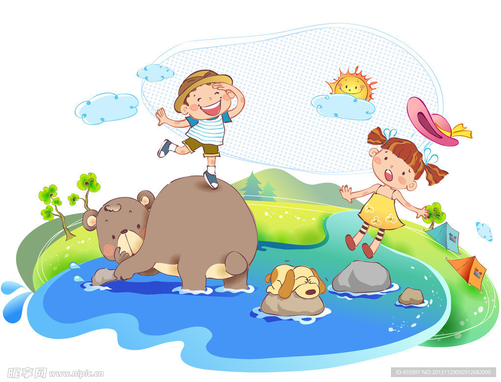 熊和孩子在小河中玩耍