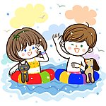 海水中嬉戏的男孩女孩