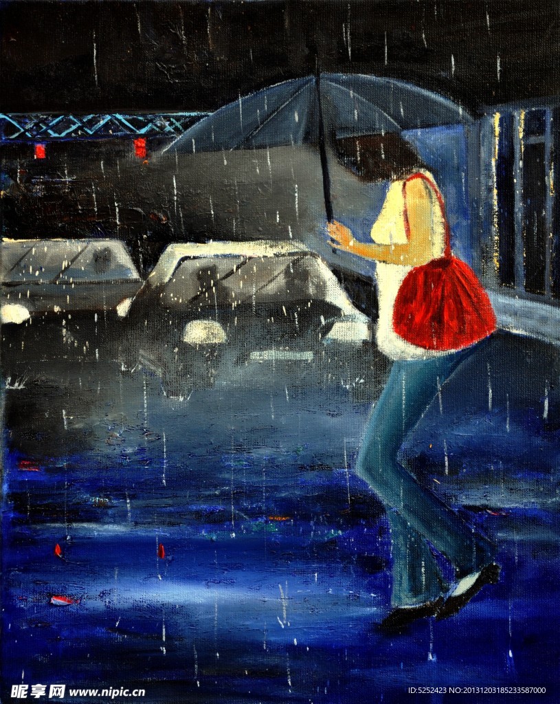 油画 雨夜女人