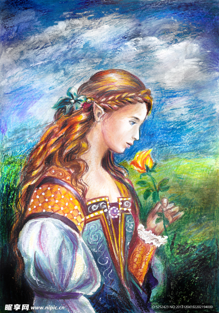 油画 闻花香的女人