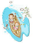 在湖水中划船的小朋友