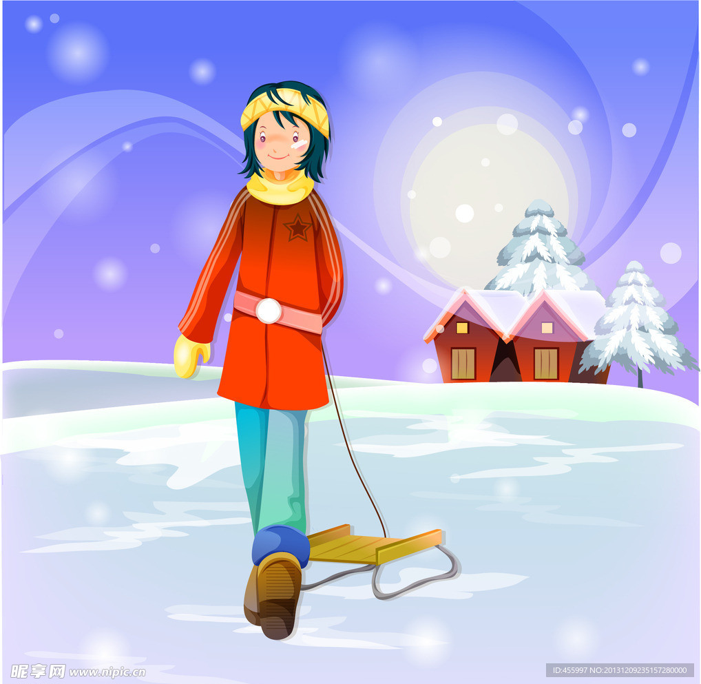 女孩在雪地里拖着雪橇
