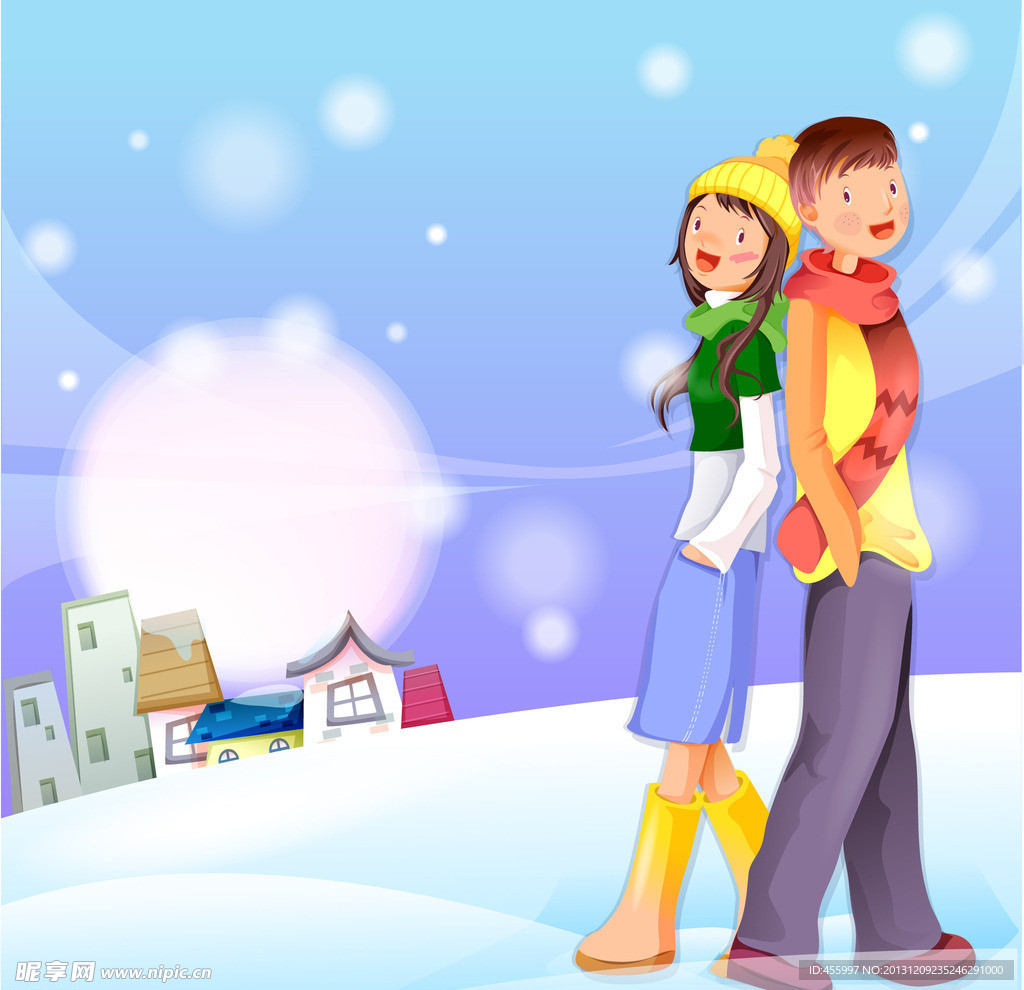情侣背靠背站在雪地里