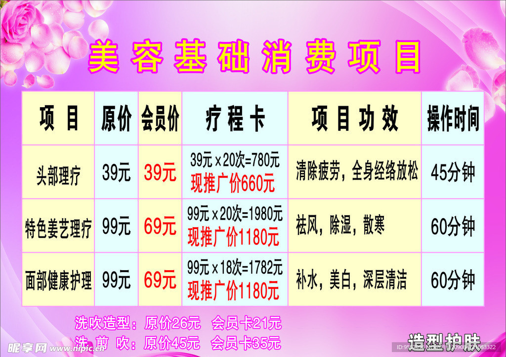 美容基础项目消费价目