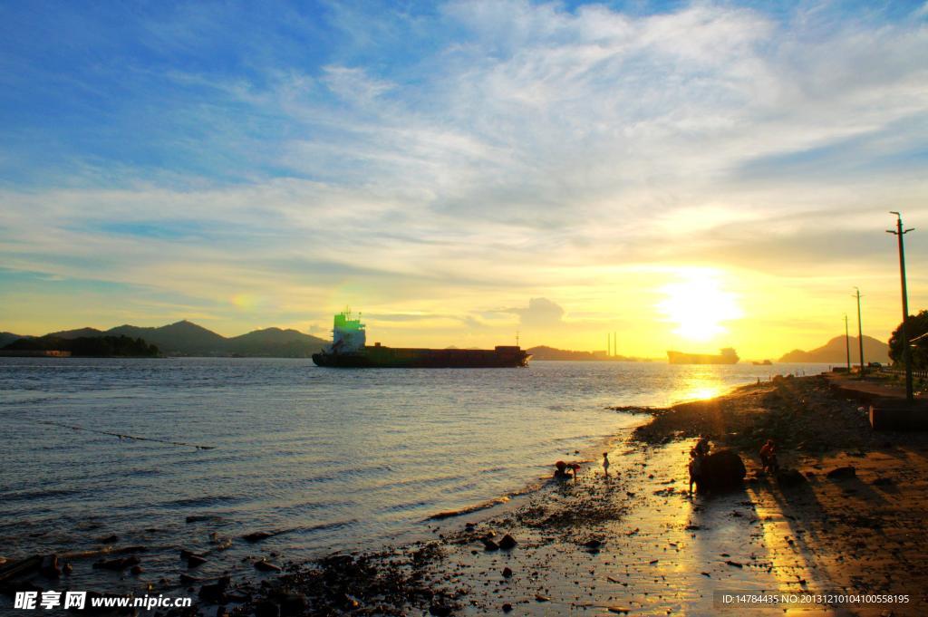 日落 夕阳 海边 江