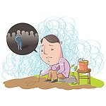 坐在石块上画画的男人