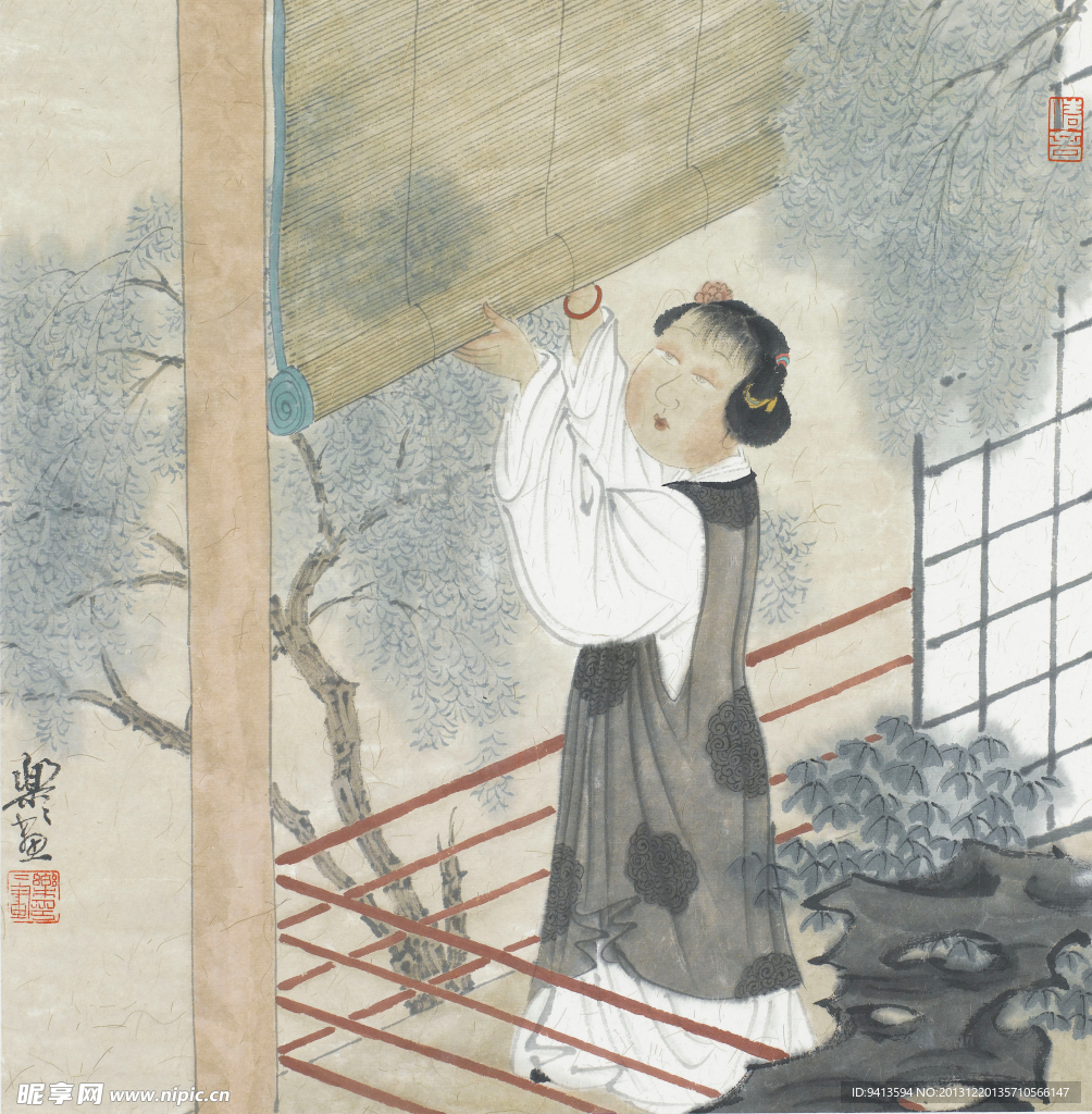 美女卷帘图