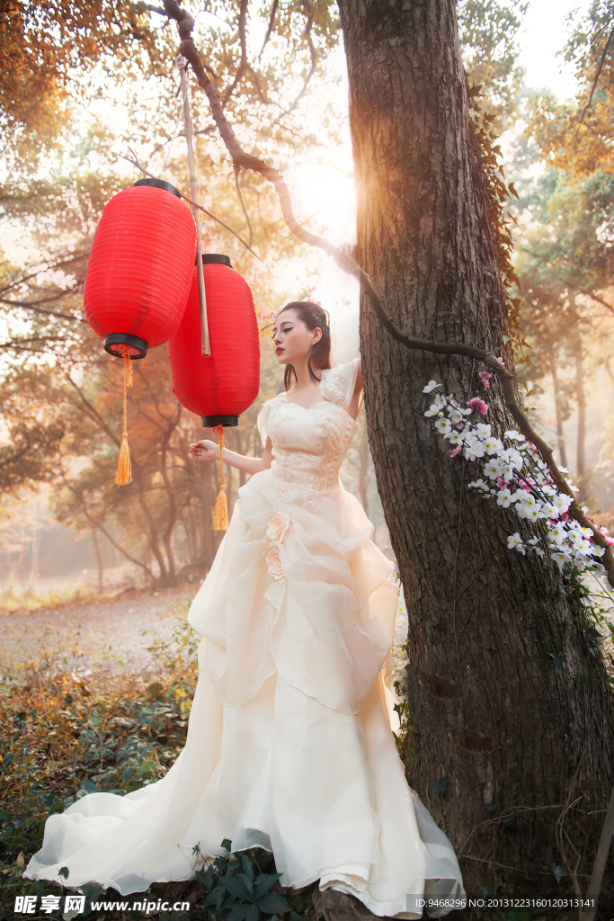 美女 白色婚莎 写真 户外 森林 清晨