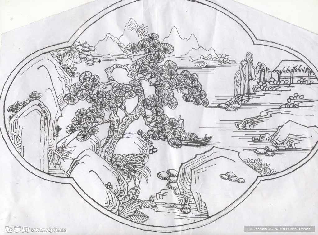 山水雕刻线图