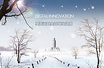 阳光照耀雪景中建筑