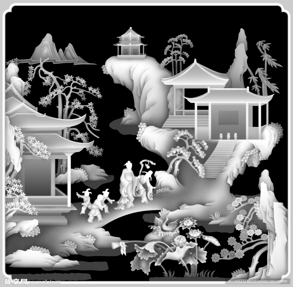 山水人物灰度图