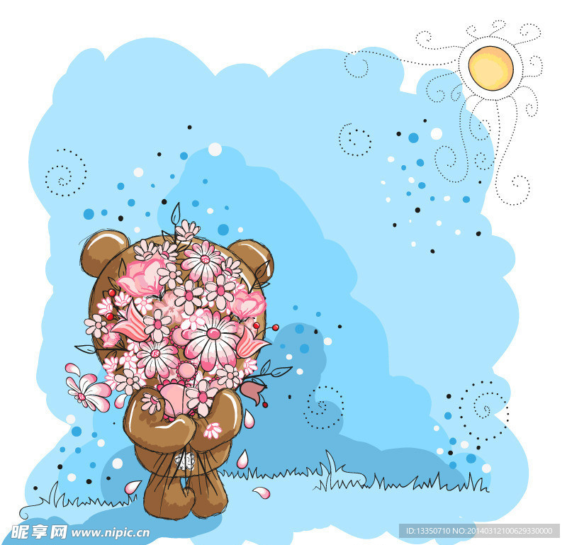 蓝色捧花熊宝插画