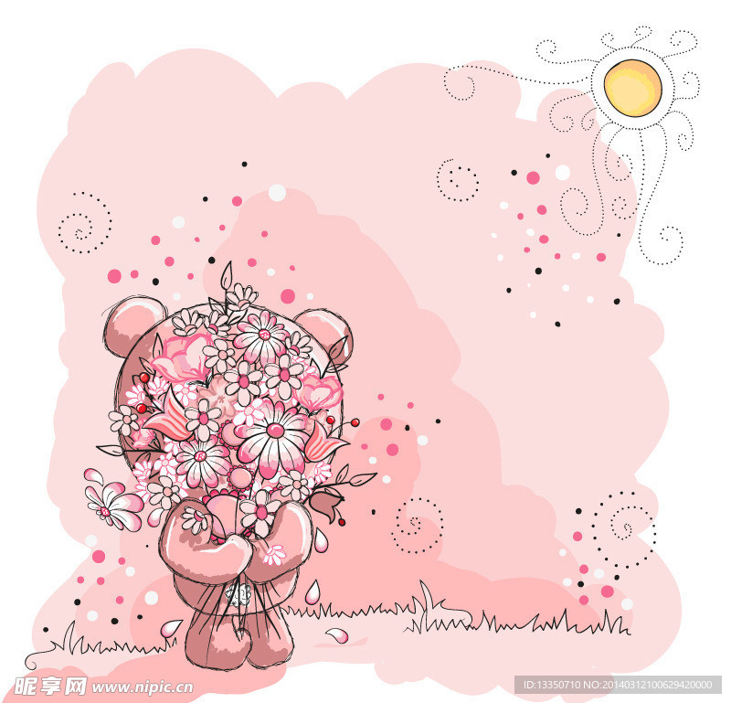 粉色捧花熊宝插画