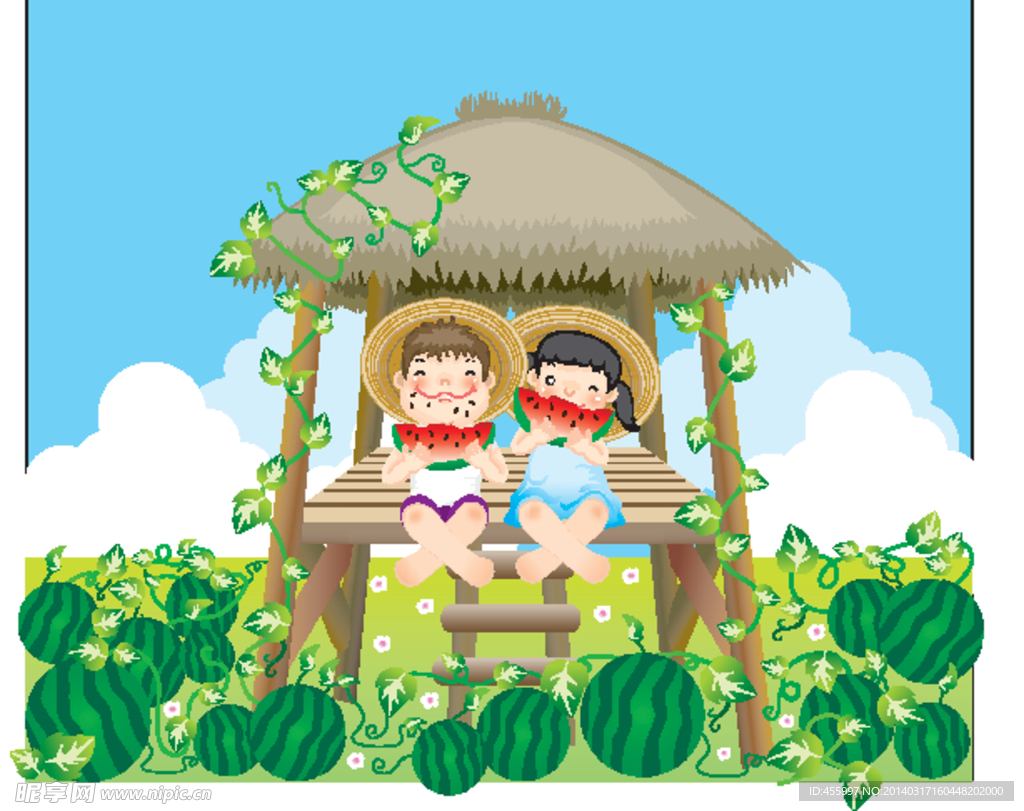 卡通男孩坐在西瓜上吃西瓜插图图片素材免费下载 - 觅知网