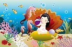 坐在海贝里的小女孩