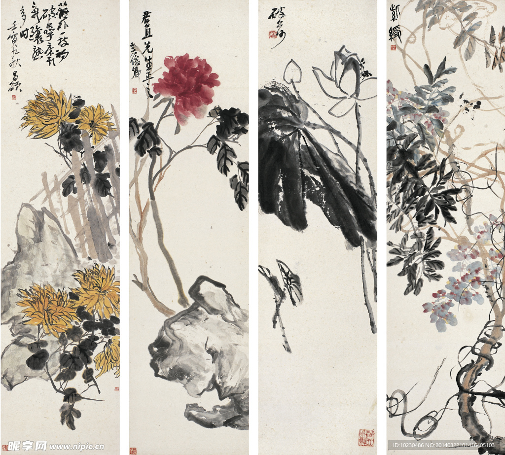 吴昌硕 花卉四屏