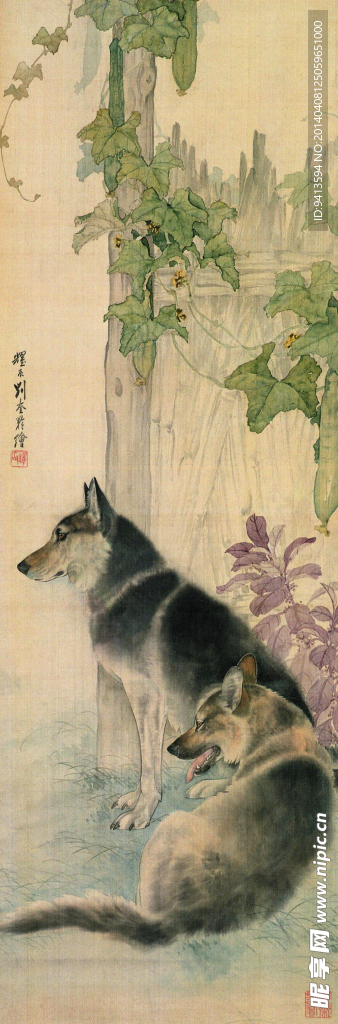 瓜棚双犬图