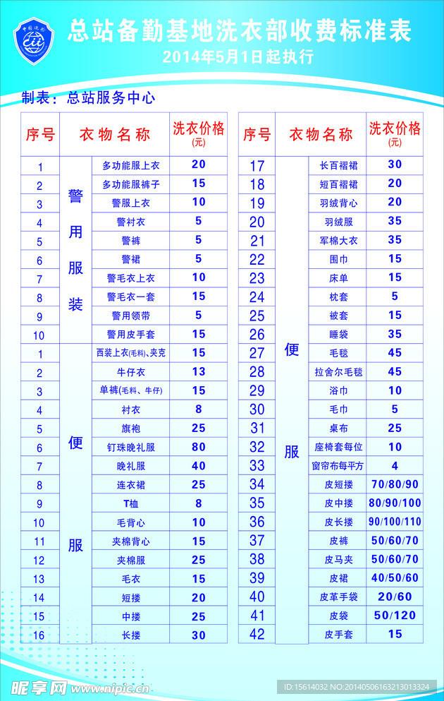 价目表