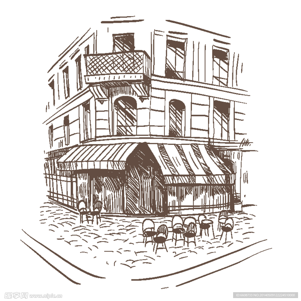 手绘素描建筑街道楼房
